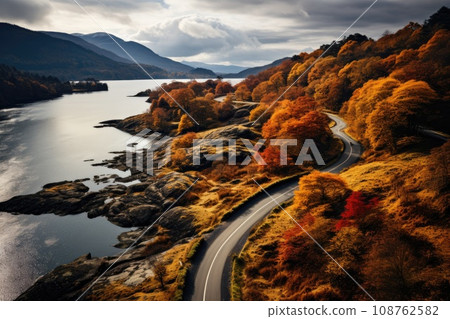 Landscape winding road with autumn season. Generative AI 108762582