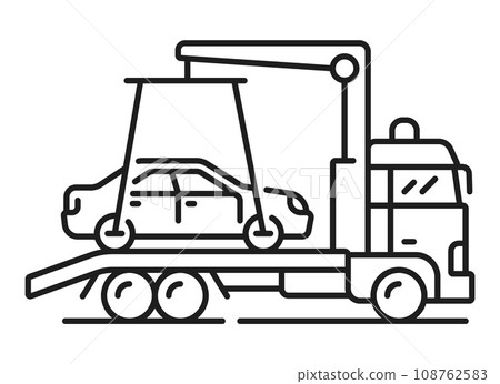 Car towing line icon, parking and automatic garage service vector linear sign. Unauthorized parking warning symbol of tow truck for car park lot or public garage restricted information sign 108762583