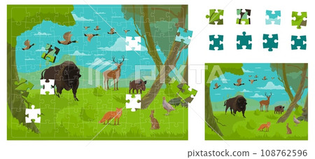 Jigsaw puzzle pieces, forest hunting animals and birds, vector kids game worksheet. Wild fox, deer and boar with rabbit hare, ducks and partridge on forest hunt, picture puzzle jigsaw to match pieces 108762596