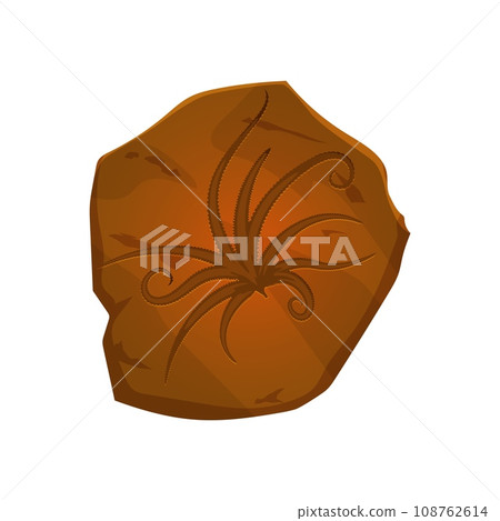 Ancient fossil, plant imprint in stone. Extinct plant archaeological find, jurassic era leaves stone imprint or prehistoric life piece paleontology museum isolated cartoon vector rock Ancient fossil, plant imprint in stone. Extinct plant archaeological find, jurassic era leaves stone imprint or prehistoric life piece paleontology museum isolated cartoon vector rock 108762614