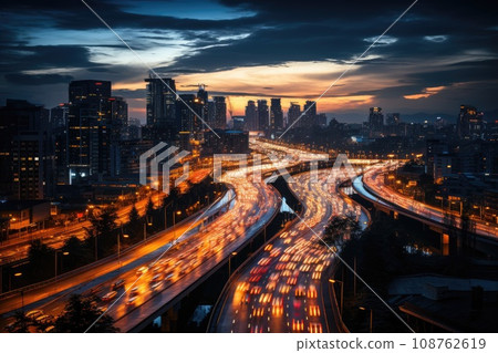 Abstract night cityscape background. Smart city, ai and digital transformation concept. Double exposure Abstract night cityscape background. Smart city, ai and digital transformation concept. Double exposure 108762619