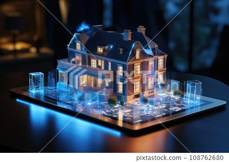 Real Estate concept. House with IoT interface on background. Generative AI 108762680