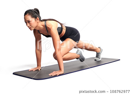 an asian woman is  working out  wearing the sport exercise suit with white background, 108762977