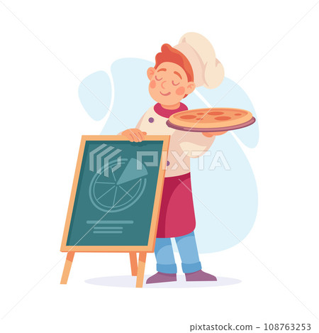 Man Cook or Chef Character in Uniform Stand at Wooden Board with Pizza Vector Illustration 108763253