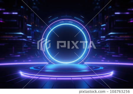 Abstract technology hud interface hologram elements neon lights, circle percent vitality innovation on hi tech future design. Generative AI 108763256