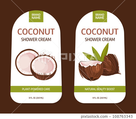 Coconut Shower Cream Product Label Design with Organic Plant Vector Template 108763343