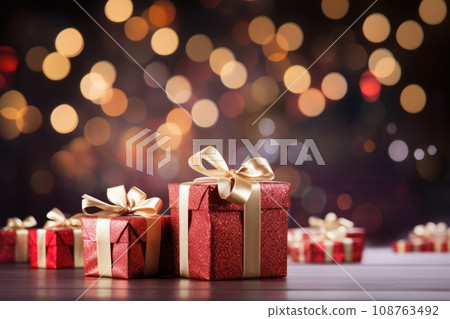 Gift boxes on the background of bokeh. Christmas and new year background. Generative AI 108763492