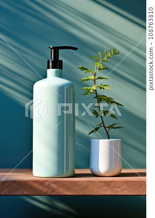 Bottle with a dispenser for cosmetics and green branches in white ceramic pot on an blue background. Mockup 108763810