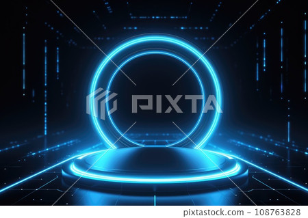 Abstract technology hud interface hologram elements neon lights, circle percent vitality innovation on hi tech future design. Generative AI 108763828