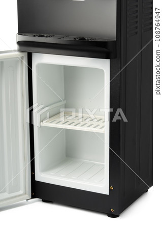 Black and white mini fridge on a white background close up 108764947