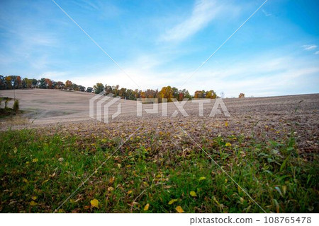 Autumn idyllic harvested agricultural field landscape rolling hills 108765478