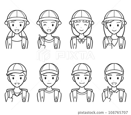 小學男孩和女孩在上學的路上微笑圖標集(線畫) 小學男孩和女孩在上學的路上微笑圖標集(線畫) 108765707