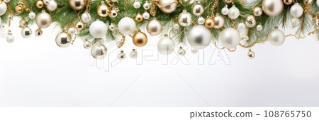 Banner of decorative christmas tree branches with cones and balls Banner of decorative christmas tree branches with cones and balls 108765750