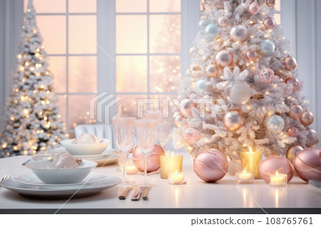 Festive christmas table setting for party. Light pastel color. christmas tree Festive christmas table setting for party. Light pastel color. christmas tree 108765761