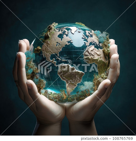 Earth crystal glass globe ball and tree in hands. Earth crystal glass globe ball and tree in hands. 108765769