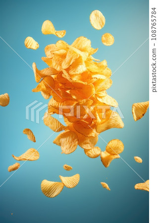 flying potato chips on a blue background with clouds 108765784