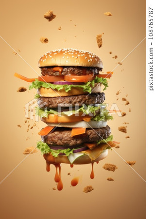 Tasty flying burger on bright background. Food levitation. 108765787