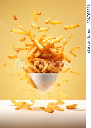 potato fries fly in the air on yellow pastel background. 108765788