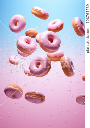 donuts fly in the air on pink blue pastel background. 108765789