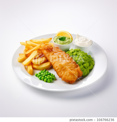 Plate of Fisn and Chips with tartar sauce mushy peas. English food. Plate of Fisn and Chips with tartar sauce mushy peas. English food. 108766236