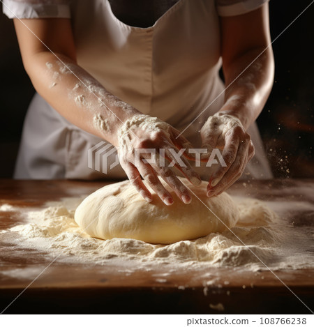 Female chef is kneading dough on a wooden table in kitchen 108766238
