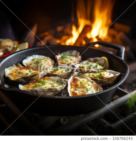 Oysters baked with cheese on plate. Homemade creamy oysters rockefeller with cheese. 108766243