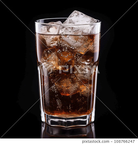 Soda glass with ice cubes. Cold brown drink in transparent glass isolated on black background Soda glass with ice cubes. Cold brown drink in transparent glass isolated on black background 108766247