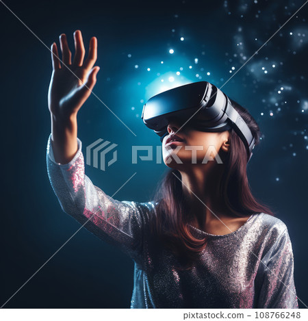 Virtual experience, a young woman using virtual reality glasses 108766248