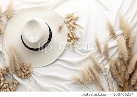 straw weaved hat with dry leaves and wild flowers. Bohemian background, boho flat lay composition 108766284