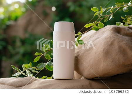White blank cosmetic bottle tube mock up on the grey stone with green leaves 108766285