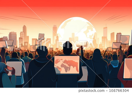 flat illustration of Peoples crowd holding blank empty banners. Rear view 108766304