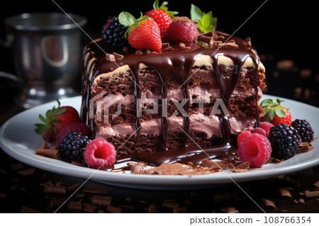 Piece of tasty chocolate cake with fresh berries - Stock Illustration ...