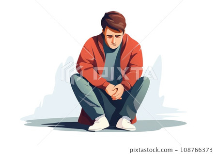Sad lonely man character sitting on the floor. Flat style with copy space. Sad lonely man character sitting on the floor. Flat style with copy space. 108766373