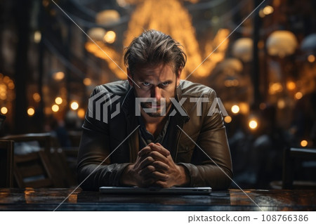 depressed man with laptop computer sitting in night cafe 108766386