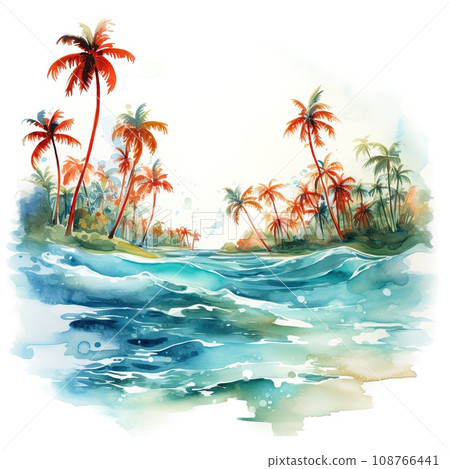 Watercolor landscape with palm trees and ocean. 108766441