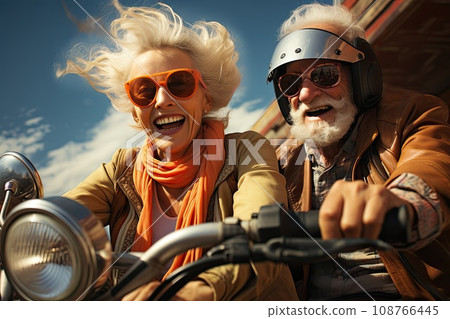 senior couple with glasses on a motorcycle senior couple with glasses on a motorcycle 108766445