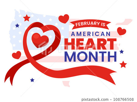 February is American Heart Month Vector Illustration with USA Flag and Red Love for Healthy in Flat Cartoon Background Design 108766508