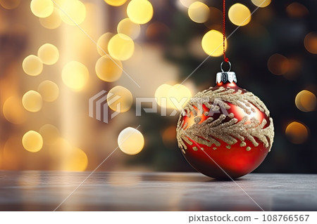 Christmas tree branch over bokeh background. Copy space. Generative AI content 108766567