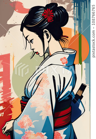 kimono female side view in graffiti background kimono female side view in graffiti background 108766765