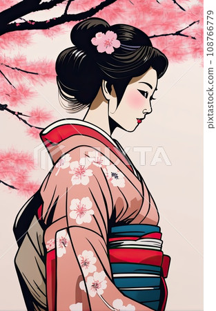 kimono female side view in graffiti background  108766779