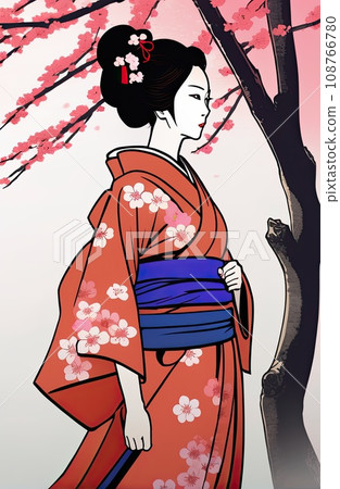 kimono female side view in graffiti background kimono female side view in graffiti background 108766780