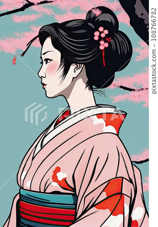 kimono female side view in graffiti background kimono female side view in graffiti background 108766782