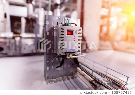 Pressure sensor in an industrial boiler room. Barometer in the heating system. Close-up. 108767455