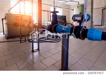Pressure sensor in an industrial boiler room. Barometer in the heating system. Close-up. 108767457
