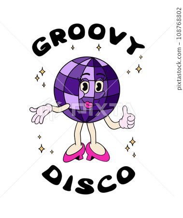 Groovy female disco ball character with hand drawn lettering. Slogan Groovy Disco. Vintage composition with hippie style lettering and funny hand drawn old cartoon character. Good for printout, poster Groovy female disco ball character with hand drawn lettering. Slogan Groovy Disco. Vintage composition with hippie style lettering and funny hand drawn old cartoon character. Good for printout, poster 108768802
