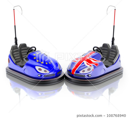 EU versus GB business concept with bumper cars and flags - 3D illustration EU versus GB business concept with bumper cars and flags - 3D illustration 108768940