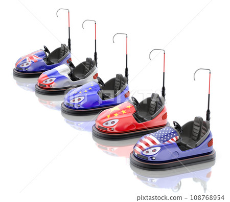 Bumper cars with US, China, EU, Russian and UK flags - 3D illustration 108768954