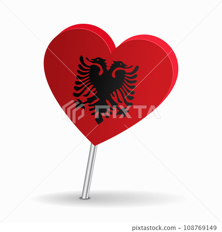 Albanian flag heart-shaped map pointer layout. Vector illustration. Albanian flag heart-shaped map pointer layout. Vector illustration. 108769149