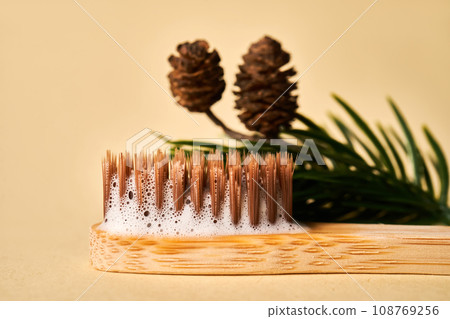 Toothbrush with toothpaste foam on a background of pine needles and cones. 108769256