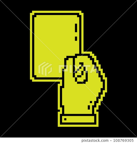 Pixel silhouette icon. Sports referee hand showing card for player breaking rules. Sports team game of soccer, football. Simple black and yellow vector isolated Pixel silhouette icon. Sports referee hand showing card for player breaking rules. Sports team game of soccer, football. Simple black and yellow vector isolated 108769305